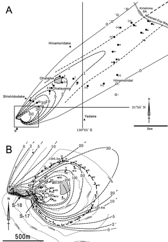 Fig. . Distribution of the tephra produced by the eruption in distal (A) and proximal (B) areas.