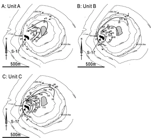 Fig. . A, B and C : distribution of Unit A, B and C. Unit of isopach is mm.