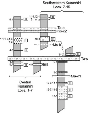 Fig. . Schematic tephrostratigraphy in Kunashiri Island. Sample numbers are shown at the left