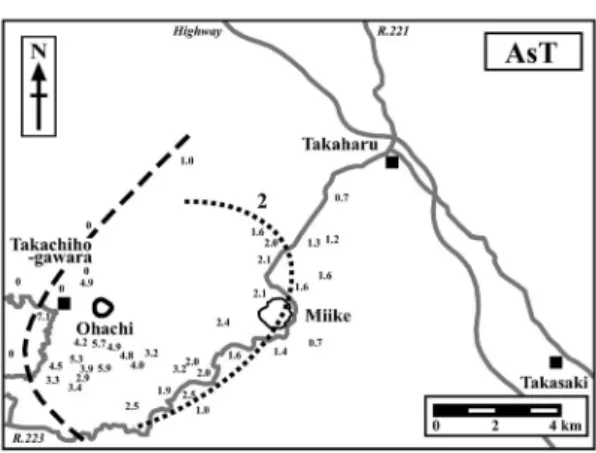 Fig. . . Isopleth map of Araso tephra (AsT). Values in centimeters. Dashed lines indicate the limit of distribution of tephra, and dotted lines indicate the isopleth.