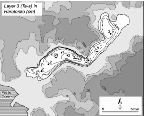 Fig. 0 . Thickness distribution of ﬁne ash layer - -(Ta-a) in Lake Harutoriko. Bathymetric contours are + m interval (Okazaki et al., +322 ).