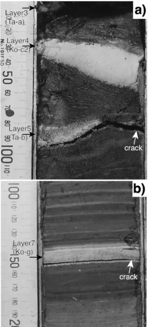 Fig. . . Occurrences of pyroclastic fall deposits in sub- sub-bottom samples from Lake Harutoriko (H - )