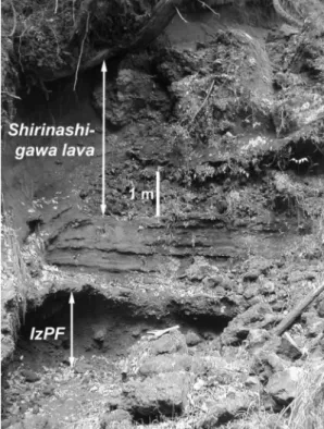 Fig. 2 . Photograph showing stratigraphic relation of Izumikawa pyroclastic ﬂow deposit (IzPF) and Shirinashigawa lava at locality A *,., .ºiW,gjkl&amp;m951RE»¼ 239