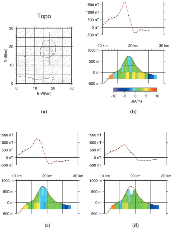 Fig. 0 . N-S cross-sectional views of - D magnetization structures derived from survey data of +321 (b) +333 (c), and ,**+ (d)
