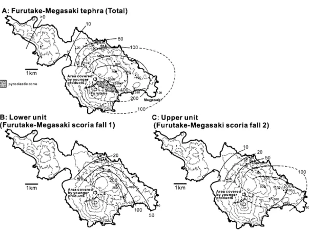 Fig. 0 . Distribution of Furutake-Megasaki tephra. A : Distribution of the pyroclastic cone deposit in the vicinity of the crater, andtotal thickness of scoria fall d eposit
