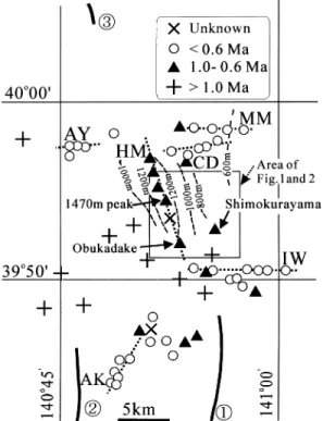 Fig. 3. Distribution of volcanic centers in Sengan Area. Open circles: ΐ 0.6 Ma; ﬁlled triangles: