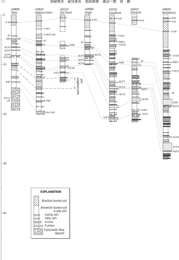 Fig. 2. Stratigraphic relations of airfall tephra layers from Aso central cones at sections northeast to southeast of Aso caldera