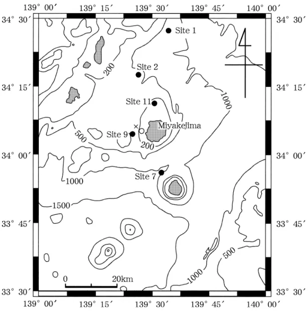 図 1. 本研究によるサンプリング測点  および変色水と海底火口列の観測地点  白尾  他  2000 サンプ リング測点   変色水観測地点  海底火口列観測点