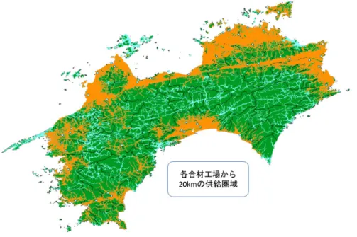 図 - 4.7  供給圏域の可視化図（四国全域）供給圏域 20km