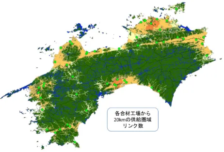 図 - 4.10 合材工場からのリンク数図（四国全域）供給圏域 20km 