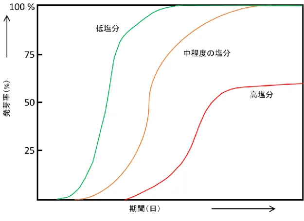 図 3.3.4   異なる塩分濃度における発芽率と置床後時間の関係 