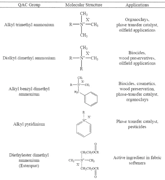 Table 1. 1 Structural features  of synthetic sQACs and their industrial usage  QAC Group 