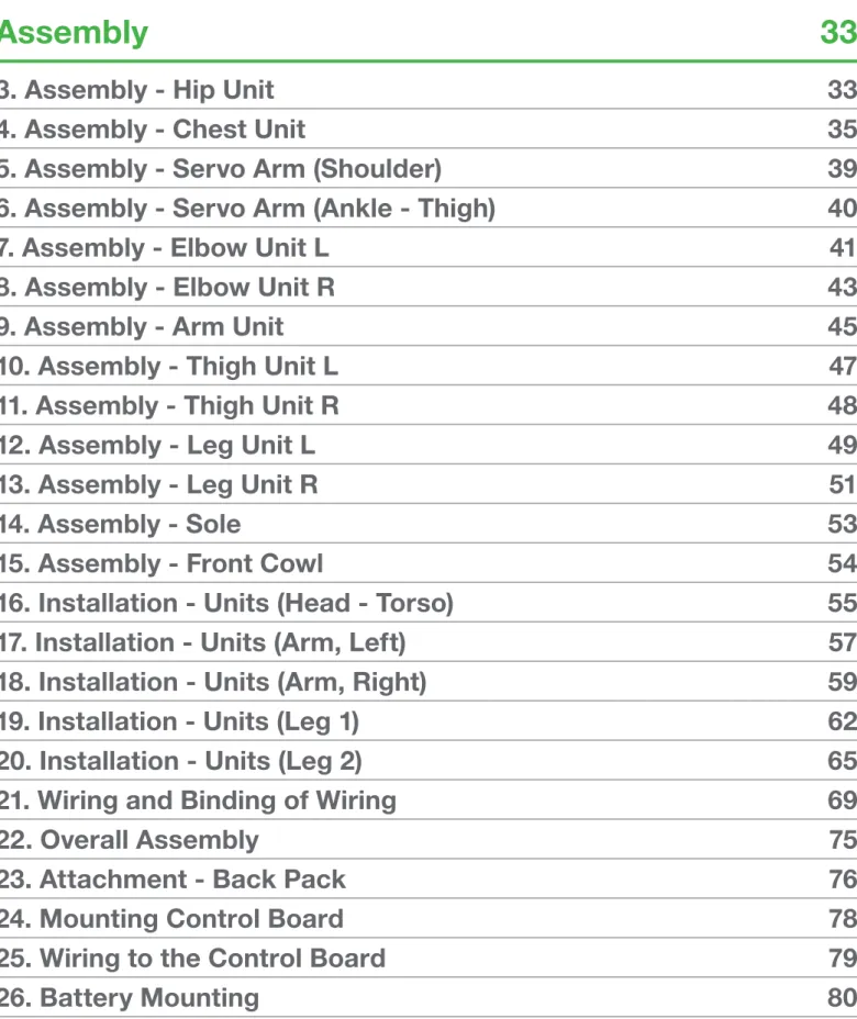 Table of Contents Preparation  23 1. Charging The Battery  23 2. Setting Servo Origins  24 Assembly  33 3. Assembly - Hip Unit  33 4. Assembly - Chest Unit  35 5. Assembly - Servo Arm (Shoulder)  39 6. Assembly - Servo Arm (Ankle - Thigh)  40 7. Assembly -