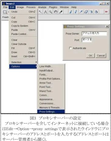 図 更新  → ン ニュ 目 的 ョ ン 選 択 次 回 起 動 時 更新 ョ ン 扱え 赤線 現 ョン 示 図 キ サ 設定  キ サ ン ネ 接続 い 場合 → → 表示さ ン キ サ 入 力 サ 管理者 聞 図 4 ImageJ バー ョン 確認 