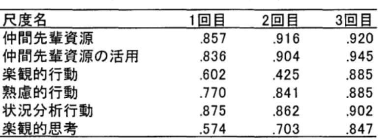 Table 7 下 位 尺 度 得 点 の α 係 数 ( 修 正 前 ) 尺度名 1 回目 2 回目 3 回目 仲間先輩資源 . 8 5 7  . 9 1 6  . 9 2 0  仲間先輩資源の活用 
