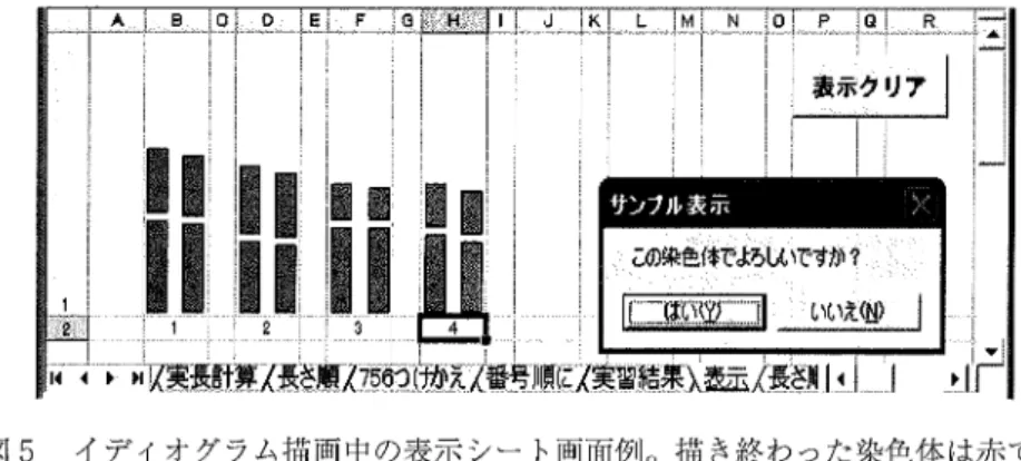 図 5  イデイオグラム描画中の表示 シー ト画面例。描 き終わった染色体 は赤で , 現在描画中の染色体は緑で表示 される。