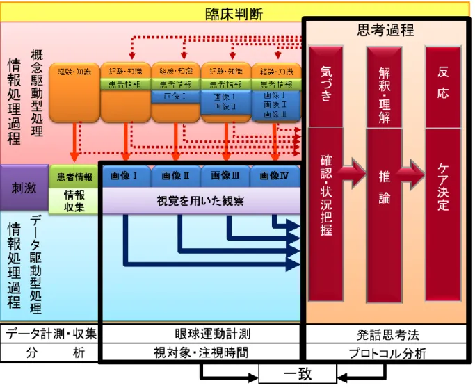 図 2.1  研究の枠組み  2.1.2 用語の定義    本研究における用語の定義を以下に示す．                                                                                                                  (1)  観察  対象（患者）を正しく理解するために五感を用いて情報を得ることとした．  (2)  気づき  情報収集し，常に変化する状況に従いながら予測的に患者の推移を見通し確認・現状