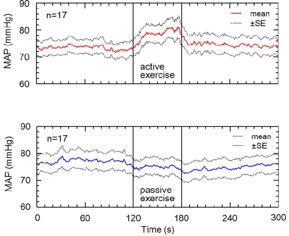 Figure 2.3. Mean arterial blood pressure responses to active and passive ankle exercises  (n = 17) 