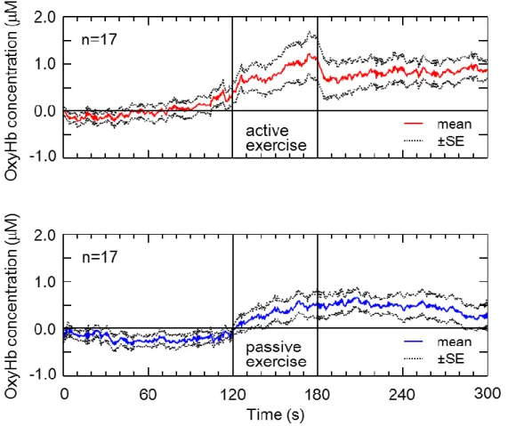 Figure 2.4. Oxyhemoglobin responses to active and passive ankle exercises (n = 17)  Data are given as a mean ± standard error (SE)