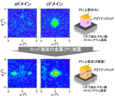図 3 ： ッ 側面 金属 Pt 被覆 一度 熱 後 イン構造 X 線回折結果 電荷遮蔽 進 a イン 水 極 生成 確認 成果 意義 本研究成果 強誘電体 諸特性 支配 イン構造 材料 組成や歪 制御 く 材料 形状やサイ さ そ 周 環境 極 電荷遮蔽状態 制御 操作 示 い 新 いアプ 活用 強誘電体 電特性 飛躍的 向上 遉成 ば 例えば 環境中 あ 微小 振動 効率良く電気 変換 小型 ベ 実現