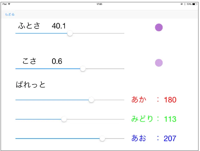 図 7 iPad  上での設定画面のシミュレーション  上に示した設定画面では，文字の太さを変えるための「ふとさ」ボタン，文字の透過度を 変更できる「こさ」ボタン，色を RGB のバランスで変更可能な「ぱれっと」ボタンがある。 それぞれの値を変更することにより，右側上部にある丸の大きさや色，透明度が変更され る。また，左最上部にある「もどる」ボタンをタップすることで元の 3S カードの画面に戻 ることができる。 