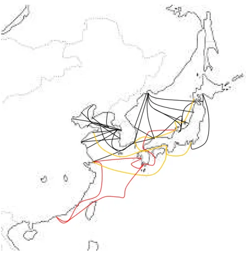 図表 40  北東アジア国際フェリー航路の現状  出所：松原裕、 「我が国のエネルギー調達と外航海運」『NEANET2014 北東アジア交流白書』    （2015 年 6 月）などを参考に李燦雨氏作成    韓国は、中国が貿易の第 1 位の相手国であり、中国との貿易はフェリーやコンテナ、 バルク船舶を利用した海上運送に大きく依存している。韓国の貿易港は 14 カ所であり、 第 3 次港湾基本計画（2011~20 年）期間中に、釜山港を国際コンテナハブ港として、 また蔚山港をオイルハブ港として育成する計画を