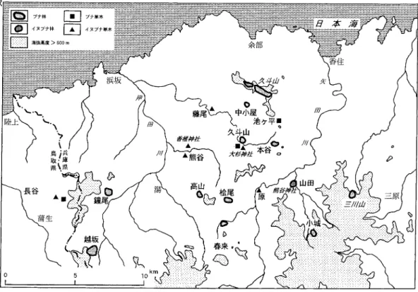 図 2  北但馬地域 におけるブナ林の分布