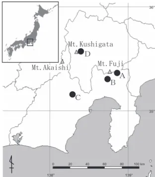 Fig. 1. Study areas in Shizuoka and Yamanashi Prefectures, central Japan. Black circle ( ) indicates locations of colonies of Plecotus auritus sacrimontis in summer