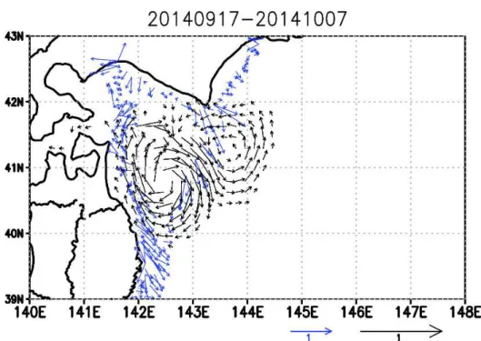 図 6.  黒矢印：内航貨物船偏流データ同化前後の海流表現の変化 （図 3 右と左の差） 。 青矢印： 内航貨物船偏流データ。 図下の青矢印は偏流データの 1m/sec の大きさを示し、 黒矢印は、 海 流表現の差の 1m/sec の大きさを示す。