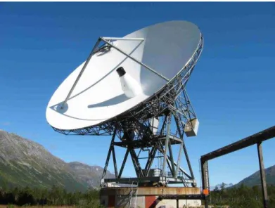 図 1 ：   EISCAT UHF ノ ェ ムソ 観 直 32 m 型ア ン 約 1.5 MW 送信電波出力を用いた観測を 33 年間 渡 い 図 2 ：   EISCAT 出 た 33 年間 1981-2013 年 高度 180km 480km 電 圏温度 変動 暖色系ほ 高い温度 単 ビン K ※ 2 あ たこ を示 太陽活動 極大期 あ 1989-1992 年付近や 2000-2013 年付近 電 圏温度 約 1500  度 昇 い 様子 見 取