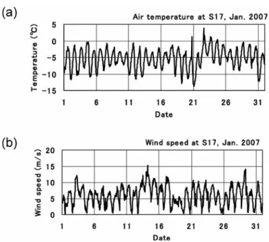 Fig. 1.  Surface air temperature and wind speed at S17 in January 2007.