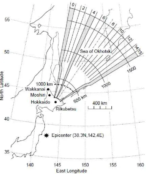 図 4 2011 年東北太平洋沖地震の震央と北海道陸別町の大型短波レーダーが観 測している視野の位置関係。扇形の円周に書かれている番号がレーダーの電波 を発射する方向 ( ビーム番号 ) になる。 GPS 受信機網は日本国内 1200 点以上に設