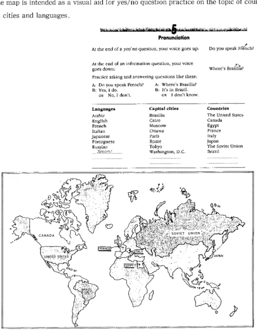 Figure 6 shows one example of a world map used for language teaching. This particular map is taken from an American Englsh language text produced by a U](pubhsher for adult and youllg adult English learners at false― beginner/inten■ ediate level(Graves&amp