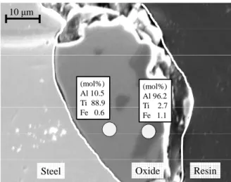 Figure 4    SEM image at the interface between metal and oxide phases,  and compositions analyzed by EDS