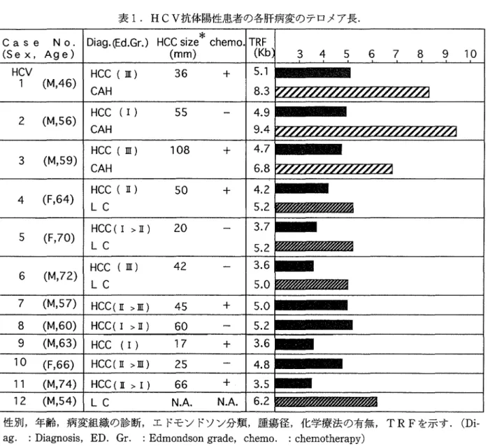 表 1 . HCV 抗体陽性患者の各肝病変のテロメア長.