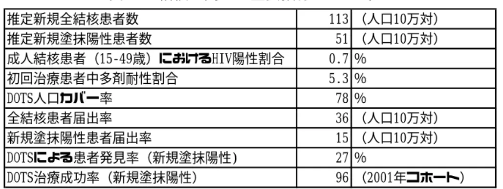 表 1-5 に 2002 年の結核に関する主要データを示す。年次推移をみると、人口 10 万人当りの結 核患者届出数はここ数年 36∼37 人でほぼ一定である(表 1-6)。推定全結核患者 130 万人の内、半 数以上は診療を受けていないか、受けていたとしても国家結核対策に報告されていないことにな る。また、西部貧困地域の患者有病率は東部沿海部の 1.7 倍（衛生部資料 Report on Nationwide  Random Survey for the Epidemiology of Tuberculo
