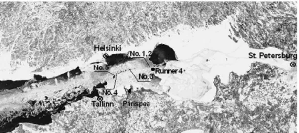 図 3. フィンランド湾における、2006 年 3 月 13 日の氷海条件に 3 月 15 日に観測した流出油 をあてはめたもの。画像は、NASA/GSFC の MODIS 迅速対応プロジェクトの好意による （Keguang Wang 氏により修正）ものです。油塊 No.1 と No.2 は Runner 4 の難破地点に 非常に近く、油塊 No.4 と No.5 は水路にあり、油塊 No.3 は水路と砕氷の周辺の多量の油を 表しています（参考文献５：Wang et al 2008）  三隻のフィンランドの