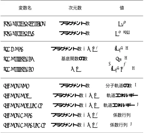 表 2: グローバル変数との対応（FMO−RHF エネルギー関連）