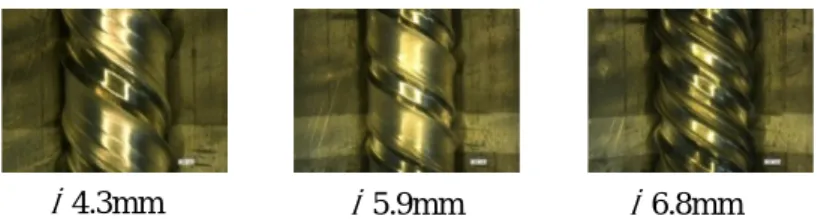 図 12 は，直径 5.9mm の素材について 0.1，0.3，0.6，1.1mm の押し込み量の時に転造成形を止めて，それらを 取り外し撮影した外観写真である．丸ダイスを 0.1mm 押し込んだ状態で，3.4 で予想したとおり，素材には歯溝 が成形されており，押し込みの増加とともに歯溝が崩れることなく深くなる様子がわかる．  図 13 に，転造成形できた素材の中から，一例として，直径 4.8mm の素材の成形後の外観写真を示す．歩みに 起因する顕著な不完全成形部が，歯幅両端に認められる．このような不完全成