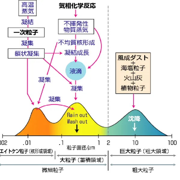 図 2.4.1  粒子状物質の大気中からの除去  2.4.3.  滞留  大気粒子の大気での滞在時間には、気象条件と高さが大きく影響する。大気粒子が地 表面付近にある場合は乾性沈着により、降水がある場合は湿性沈着により大気中から除 去される比率が高まる。対流圏での大気粒子の寿命は 4～5 日から一週間程度であると 言われているが、成層圏では、一週間以上にわたり存在する事もある。超微小粒子や粗 大粒子の大気中での半減期は数分から数時間であるのに対し、蓄積モード粒子は数日か ら数週間に亘り大気中に存在し、自然や
