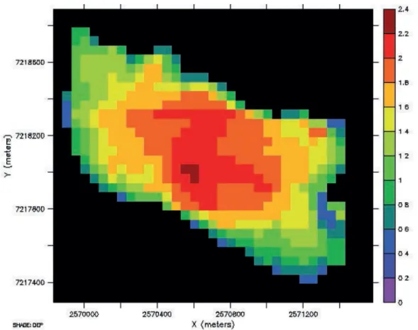 Fig.  1.  The  computational  grid  in  the  Pyykösjärvi-model  application.  The  color  scale  describes the water depth in meters