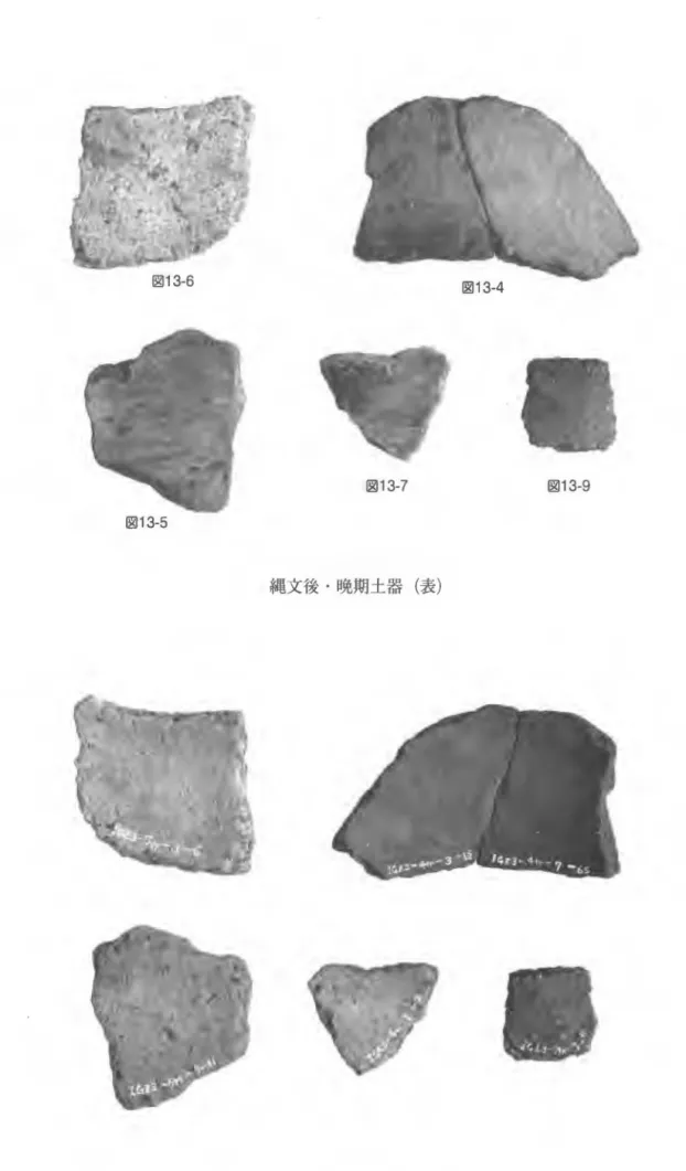 図 1 3 ‑ 6 図 1 3 ‑ 5 図 13・ 7 図 1 3 ‑ 9 縄文後・晩期土器(表) 縄文後・晩期土器(裏) ︒ ︒ヮ 図版 3