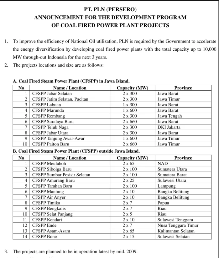 Table 2.1-4      Announcement of Coal Fired Power Plant Projects 