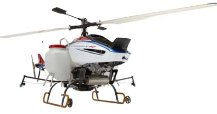Fig. 1.3: An autonomous unmanned helicopter “FAZAR R” developed by YAMAHA (22) 「Project Loon」 (19) を推進している．このようにドローンは現在多岐にわたって研 究されており，今後益々ほかの用途への応用のための研究が期待されている． 1.1.2 無人航空機の活用分野 農業分野への活用 ロボットの中でも飛行ロボットは非常に注目されている分野である．例えば，農 業において農薬散布や生育調査などを無人航空機で行うことで人