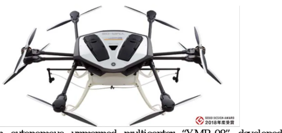 Fig. 1.4: An autonomous unmanned multicopter “YMR-08” developed by YAMAHA (23) 監視，点検，測量分野への活用 ドローンに小型化された測定機器を搭載し，構造物の外観を至近距離で撮影す ることによる異常の発見や地形の測量調査を代替することで費用と時間の削減が 見込まれるため，インフラ点検の分野で活用が進んでいる．また，コンビナート 等の石油精製，化学工業等のプラントにおいて，高所からの撮影が容易なドロー ンを活用することにより，蒸留塔