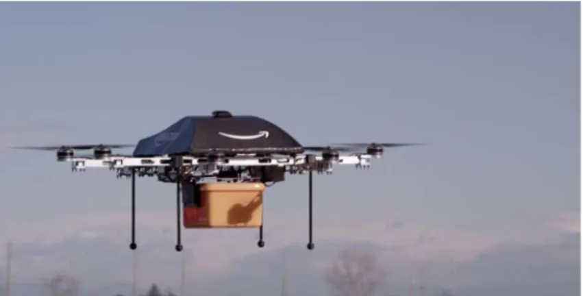 Fig. 1.5: A quadrotor to carry products “Amazon Prime Air” developed by Amazon (35) さらに土砂災害のような二次被害が想定される災害現場において，安全に情報 収集を行うためにドローンを活用する研究が行われている (31) ．日本では近年土砂 災害や水害が増加していることを背景に，被害状況を把握するためにドローンが 利用されるようになっている． 2013 年から噴火が始まった西ノ島の調査が 2015 年 に行われた．当時は気象庁