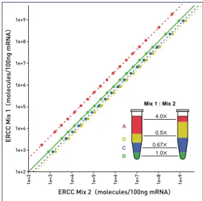 図 3. ERCC ExFold RNA Spike-In  ミックスに含まれる ExFold RNA Spike-In  ミックス 1 と ミックス  2 を 2 種のサンプルに加え比較した場合の模式図