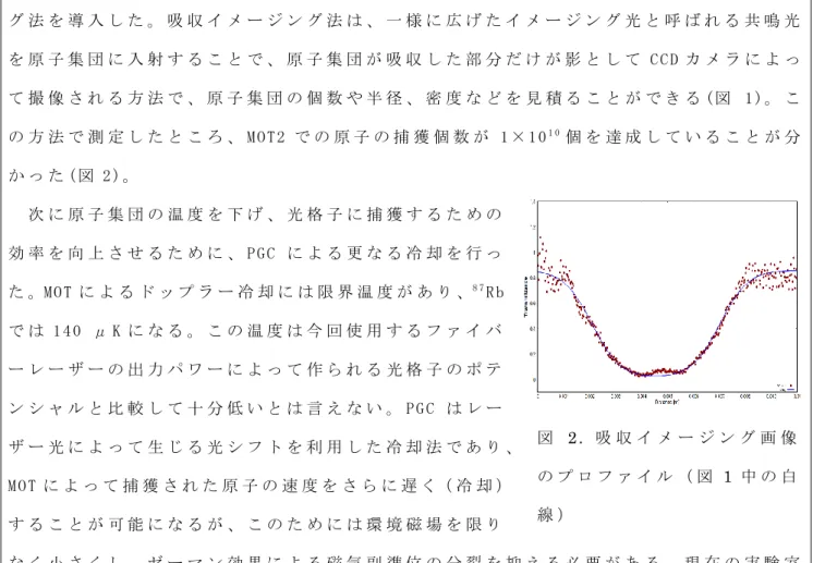 図 2.  吸 収 イ メ ー ジ ン グ 画 像 の プ ロ フ ァ イ ル （ 図 1 中 の 白 線 ） グ 法 を 導 入 し た 。 吸 収 イ メ ー ジ ン グ 法 は 、 一 様 に 広 げ た イ メ ー ジ ン グ 光 と 呼 ば れ る 共 鳴 光を 原 子 集 団 に 入 射 す る こ と で 、 原 子 集 団 が 吸 収 し た 部 分 だ け が 影 と し て C C D カ メ ラ に よ って 撮 像 さ れ る 方 法 で 、 原 子 集 団 の 個 数 や 半 径 