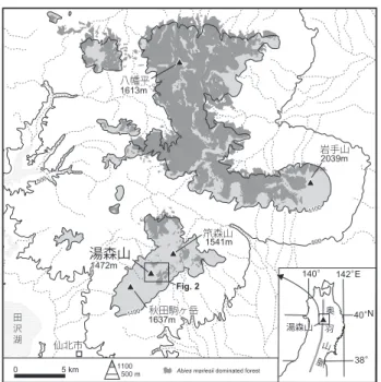 図 1  調査地域．オオシラビソの分布は杉田（未公表）に基づく．