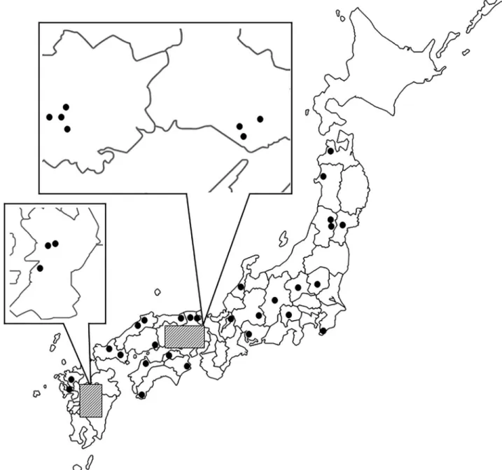 Fig 1. Collection locations of wild T. castaneum populations in Japan. This map was drawn from a free map of Japan on a net site (https://frame- (https://frame-illust.com/?cat=256), and thus it was not necessary to obtain permission.